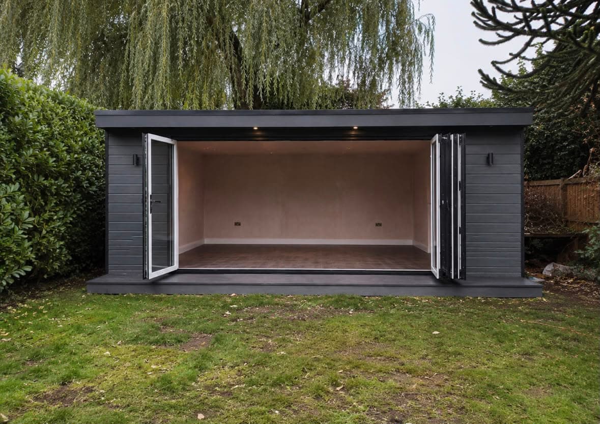 Garden room with dark grey composite cladding and bi-fold doors folded fully back, showing the plastered interior and timber floor